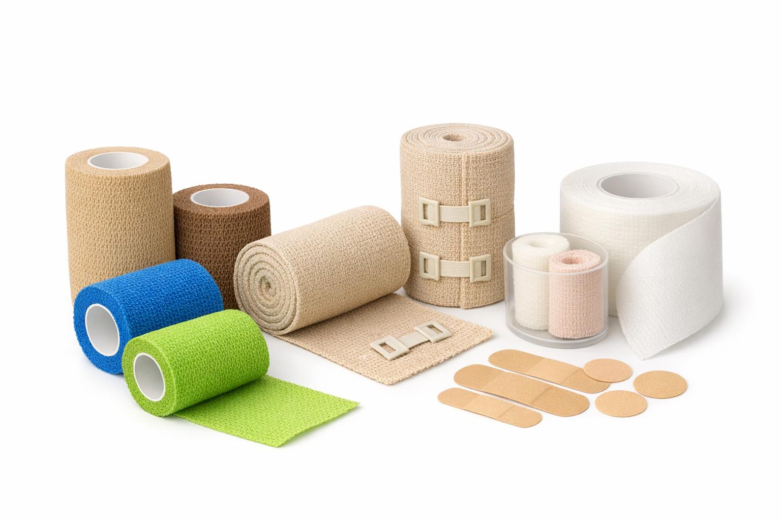 Opis zdjęcia: zestaw różnych bandaży — kohezyjne, elastyczne i samoprzylepne